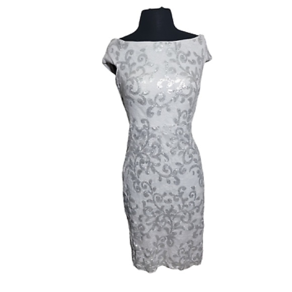 Eliza J Off-the-Shoulder White Lace Silver Sequin Cocktail Dress - NWT